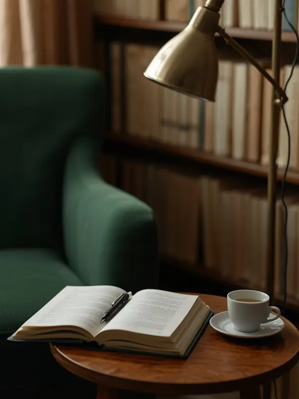 Livro aberto e xícara de chá numa mesinha ao lado de uma poltrona de veludo verde