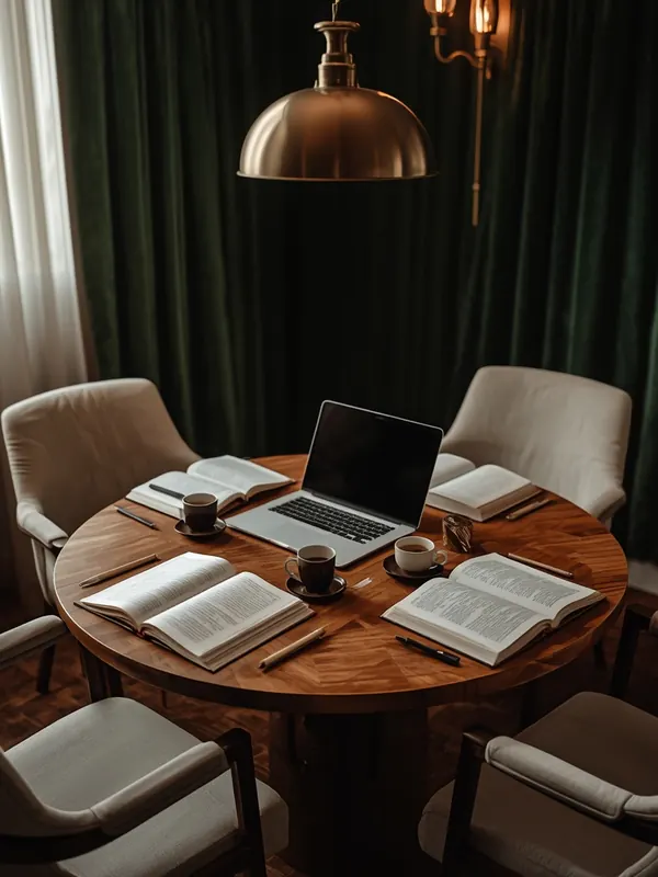 Mesa redonda com livros abertos, cadernos e café, preparada para um grupo de estudos